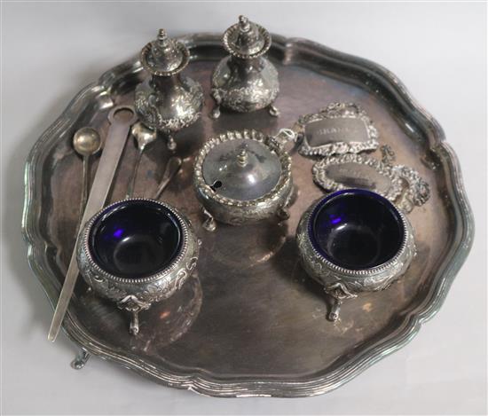 A pair of Victorian silver salts, a set of three silver condiments and a small quantity of silver and plated items